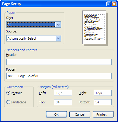Page setup dialog